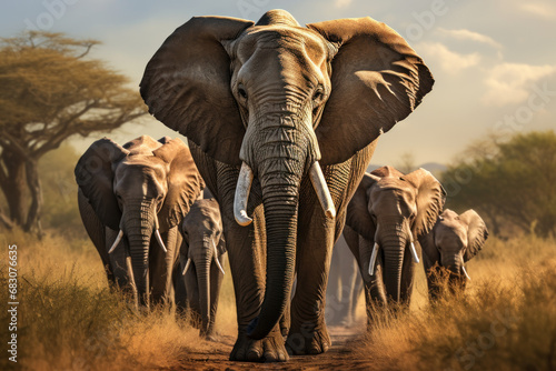 A wise old elephant leading its herd through the grasslands, showcasing the familial and leadership dynamics within elephant communities. Concept of family bonds in wildlife. Generative Ai.