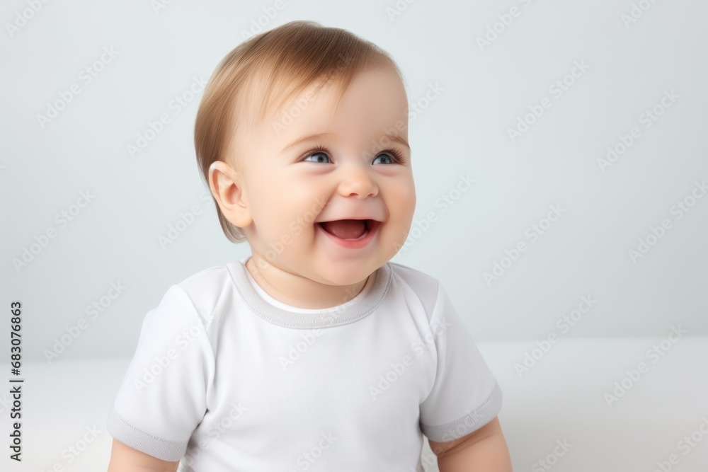 Portrait close up of cute baby a white background