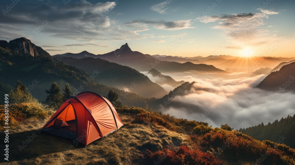 Camping on the top of a mountain in the morning mist