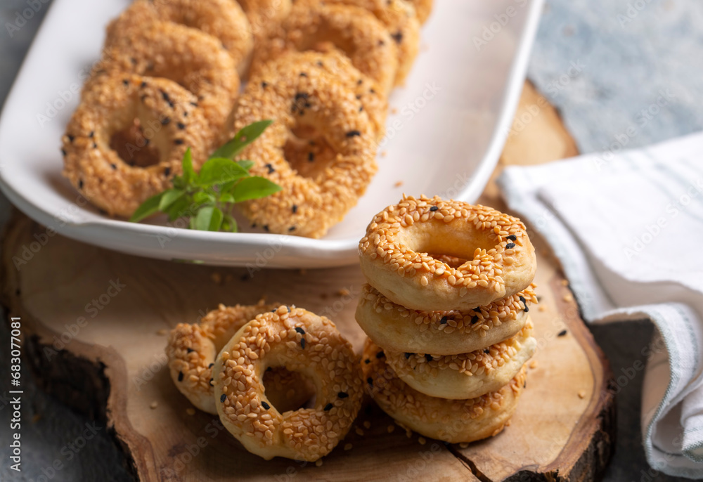 Turkish Bagel with sesame seeds or salty ring cookies. Turkish name; Kandil simidi or tuzlu halka kurabiye
