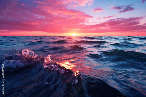 Radiant waves, kissed by the first light of dawn, reflect the dawn's rosy glow, casting a warm and inviting aura upon the awakening ocean. Concept of the dawn's embrace on the water. Generative Ai.
