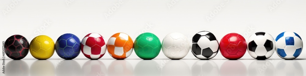 A row of soccer balls lined up in a row. Generative AI. A row of soccer balls lined up in a row. Generative AI.