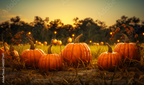 Pumpkins adorn the field as the sun sets.