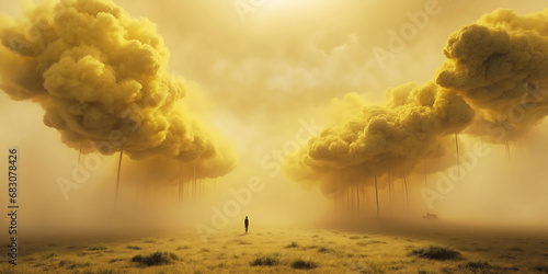 3d render, abstract background. Clouds flying inside the yellow room. Architectural showcase scene with empty pedestal.
