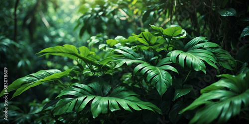 Collection of tropical leaves, foliage plant in green color with space background.