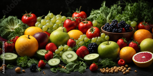 Fruits and vegetables on the black background.
