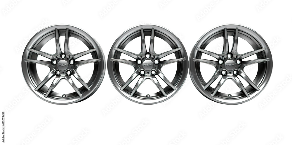 Obraz premium Three silver rim wheels over isolated transparent background