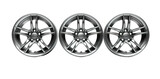 Three silver rim wheels over isolated transparent background