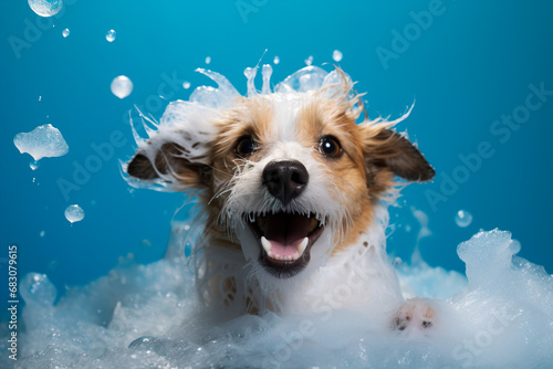 A funny dog with shampoo foam on his head sits in the bathroom. © Evgeniya Uvarova