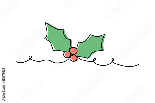 Holly leaves with berries, line art with color, continuous line vector