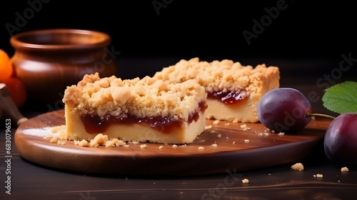 Crumbly shortbread pie with plum and apple jam on wooden board Fruit and streusel dessert With copyspace for text photo