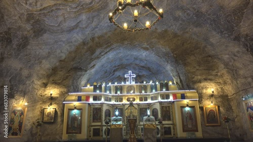 St Varvara underground church inside Tg Ocna saline mine in Romania, tilt up photo