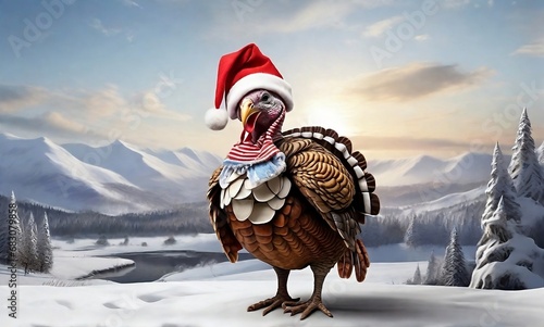 head of a rooster on a snowy festive winter. turkey wearing a santa hat against a winter landscape on thanksgiving day and christmas day created with generative ai