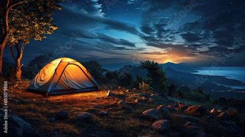 Camping tent in the mountains by the sea. Night landscape.
