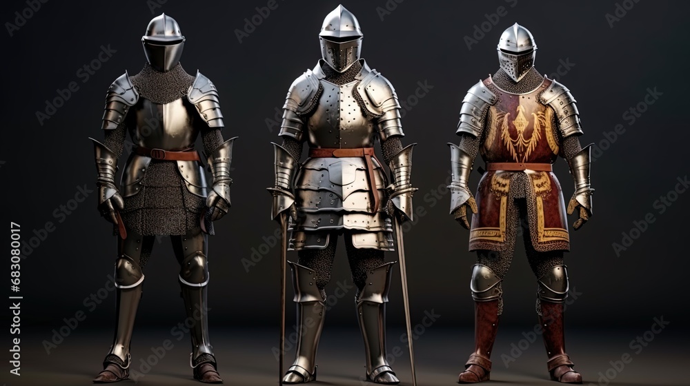 Knights in complete armor, standing firm and prepared for the jousting competition