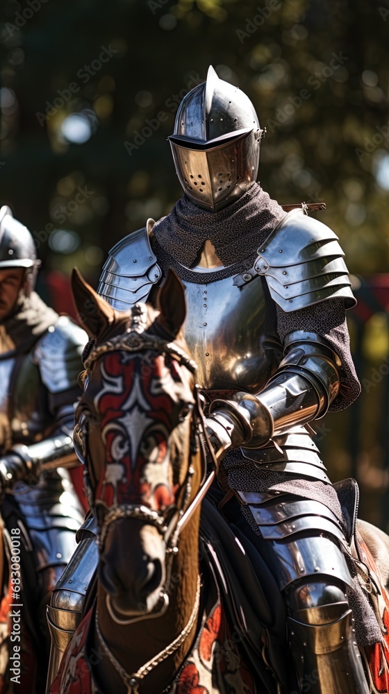 Knights in full armor, prepared and poised for the joust Knights in full armor, prepared and poised for the joust