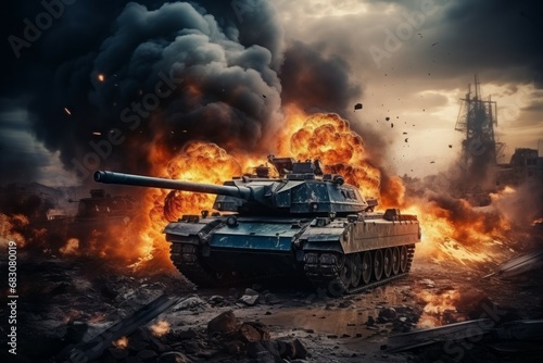 Tank in the fire of war. Background with selective focus and copy space