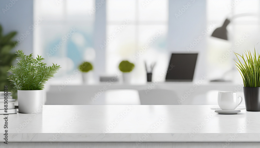 A white tabletop for displaying your product over a blurred bright office room in the background. A white tabletop for displaying your product over a blurred bright office room in the background.