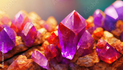 Amethyst red crystals. Gems. Mineral crystals in the natural environment. Texture of precious and semiprecious stones. Seamless background with copy space colored shiny surface of precious stones