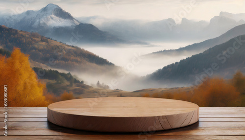 autumn podium table top against the background of a misty mountain valley
