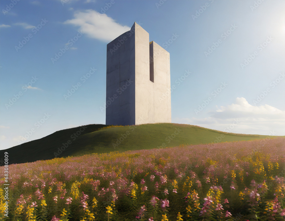 Brutalist monument on a flower covered hill on a sunny day
