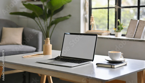 Close-up image of mock up laptop on a table in a modern minimal living room.