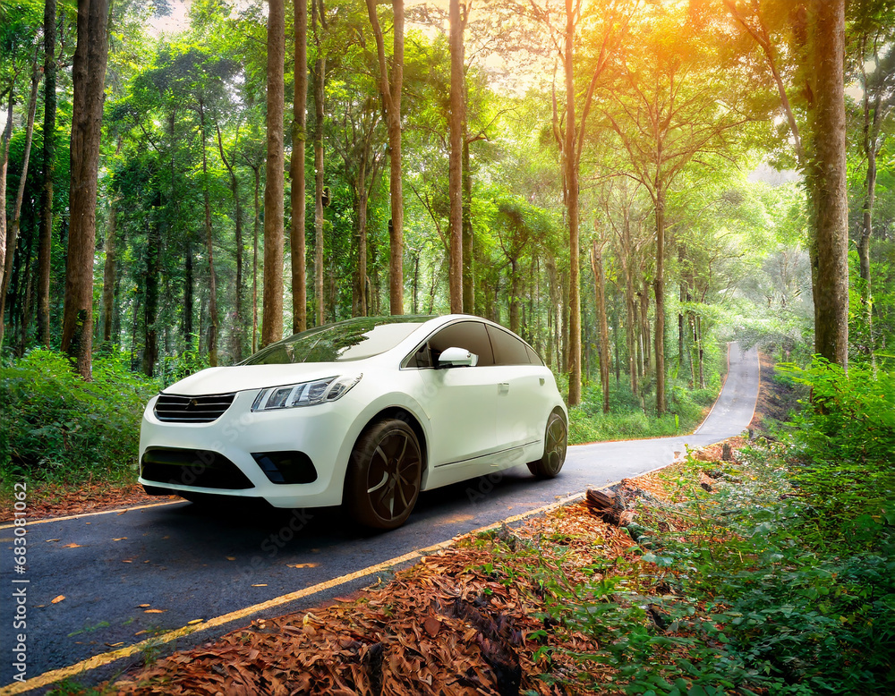Electric car and EV electrical energy for environment, EV car on forest road - eco green alternative power Electric car and EV electrical energy for environment, EV car on forest road - eco green alternative power