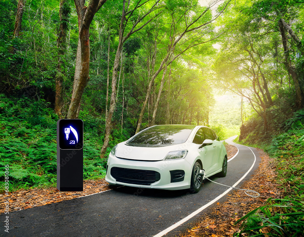 Electric car and EV electrical energy for environment, EV car on forest road - eco green alternative power Electric car and EV electrical energy for environment, EV car on forest road - eco green alternative power