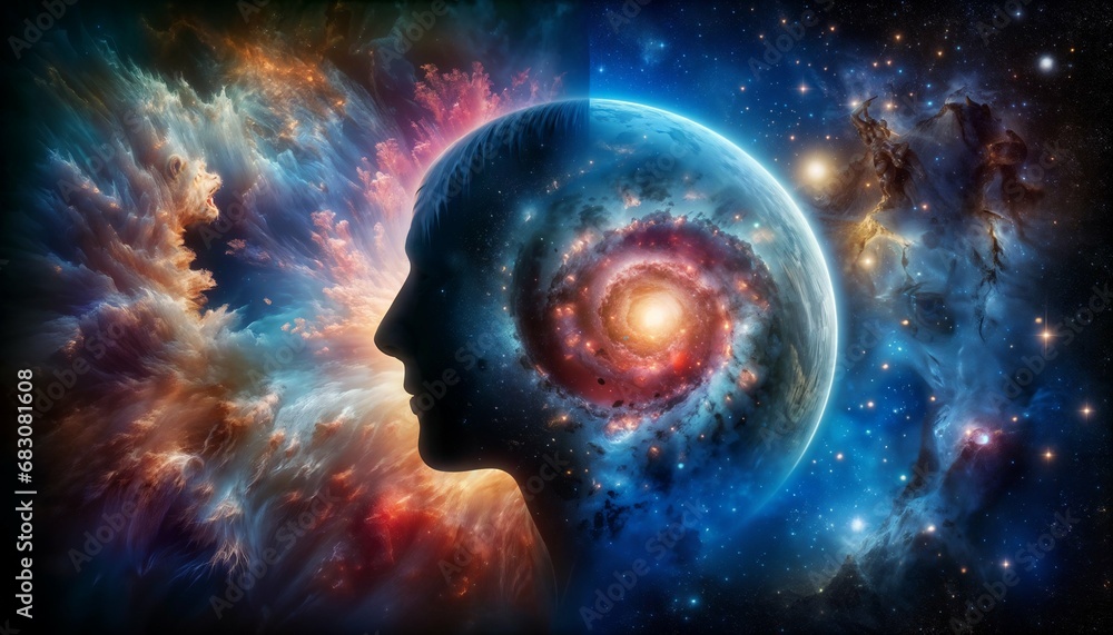 The universe within. Concept of a man inside the universe, scientific and philosophical topics - obrazy, fototapety, plakaty 