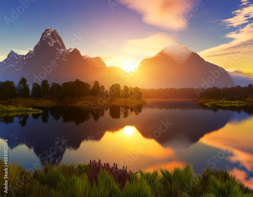 nature landscape with beautiful sunset and lake, mountain and reflection