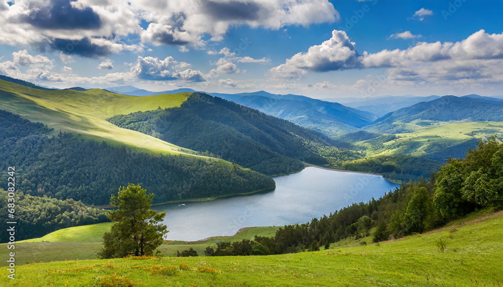 nature valley in summer; mountain lake, forest on the hills nature valley in summer; mountain lake, forest on the hills