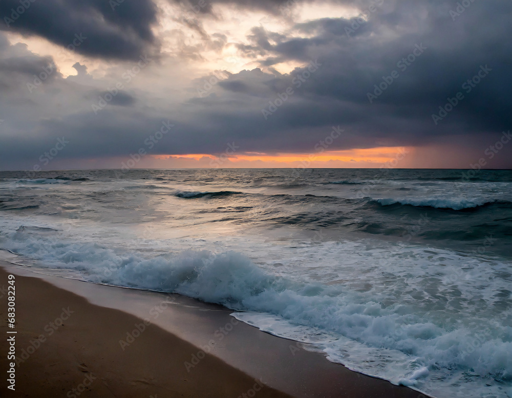 ocean breaks on shore at sunrise with dark dramatic sky