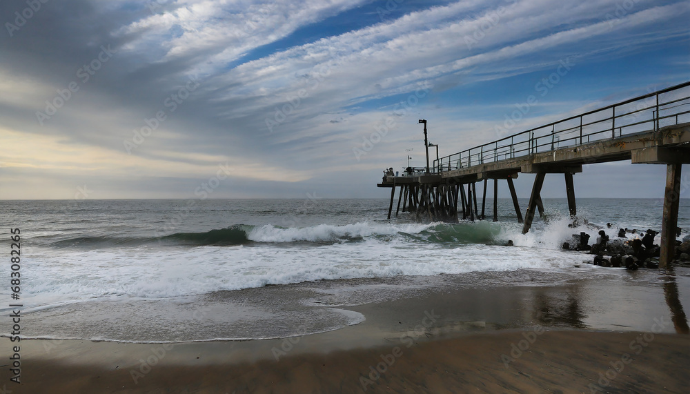 ocean breaks on shore of fishing pier with dramatic sky