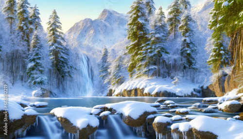 nature winter mountain panorama with frozen waterfall and snowy trees