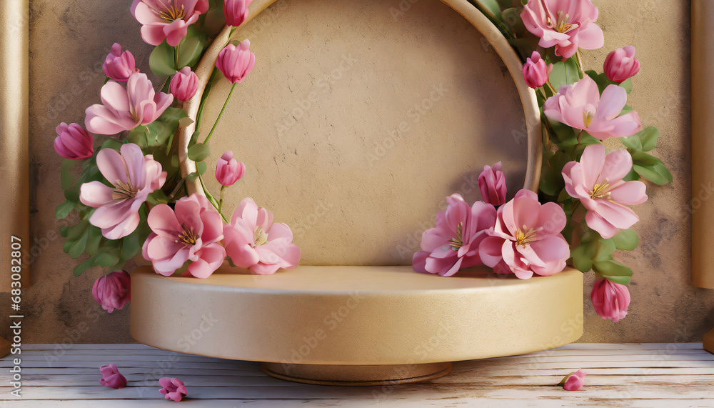 spring podium for a product presentation with pink flowers; vintage style spring podium for a product presentation with pink flowers; vintage style