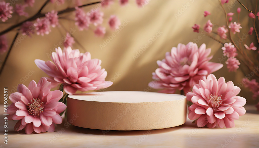 spring podium for a product presentation with pink flowers; vintage style