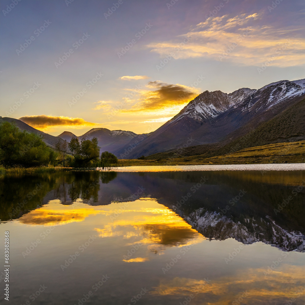sunset in the mountains at a calm lake that creates a perfect reflection on waves; stunning place; destination