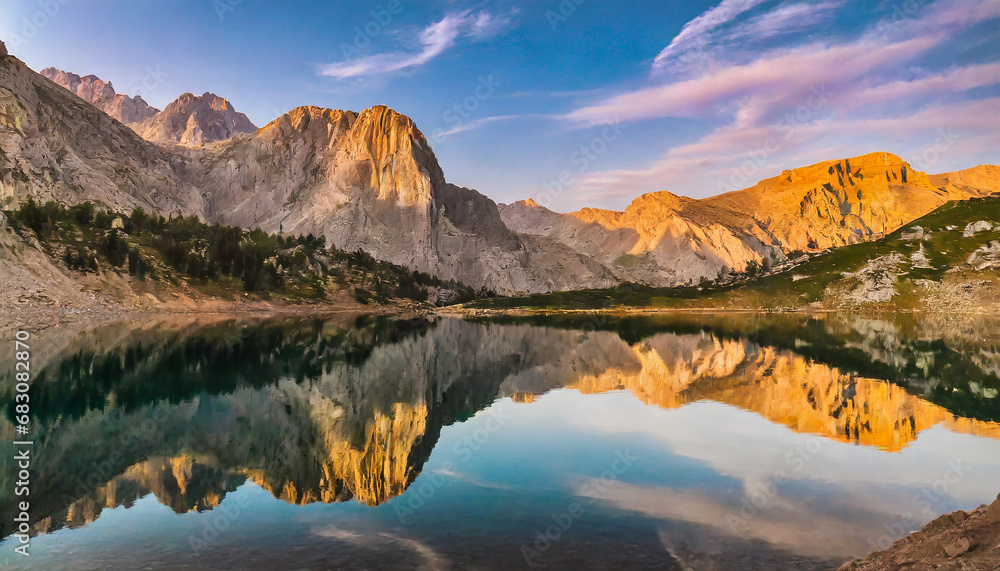 sunset in the mountains at a calm lake that creates a perfect reflection; beautiful scenery of rocky mountain