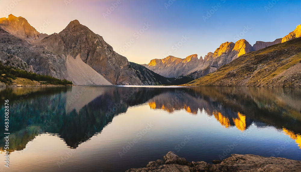 sunset in the mountains at a calm lake that creates a perfect reflection; beautiful scenery of rocky mountain