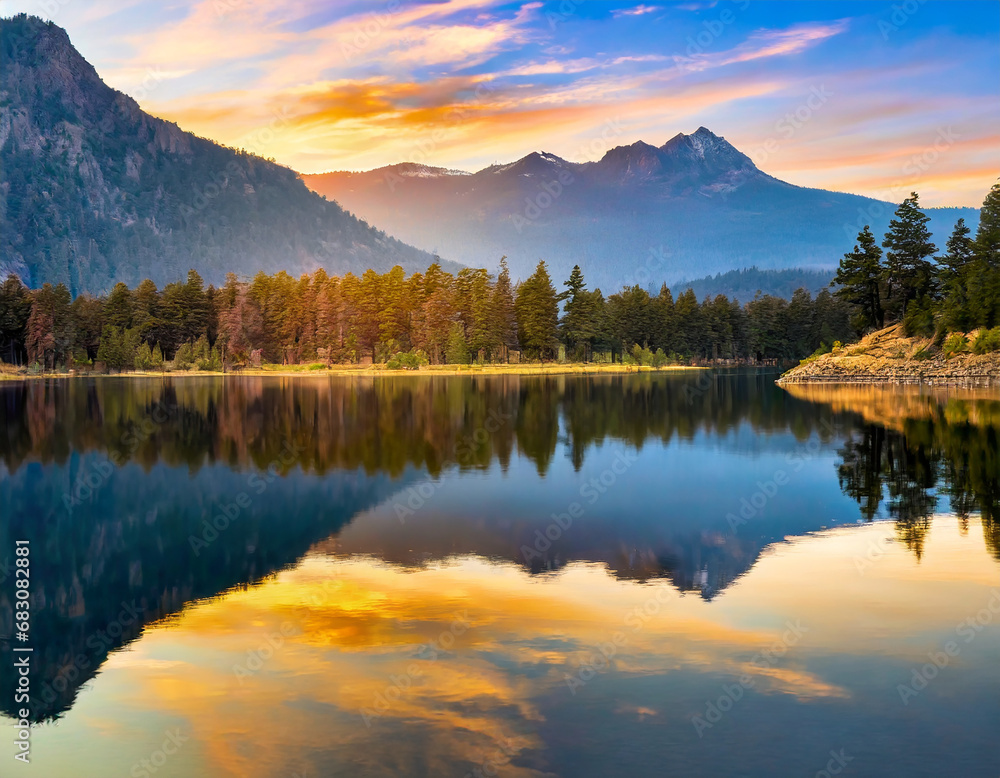 sunset in the mountains at a calm lake that creates a perfect reflection; beauty of nature concept background