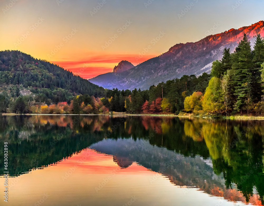 sunset in the mountains at a calm lake that creates a perfect reflection; red, green and yellow hues