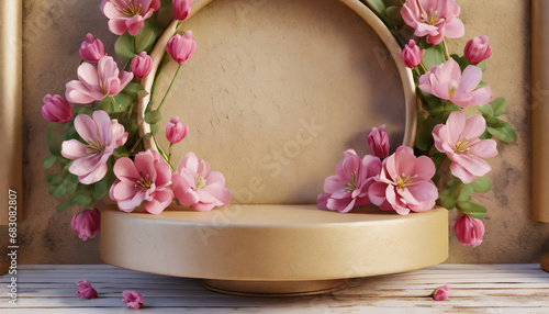 spring podium for a product presentation with pink flowers; vintage style