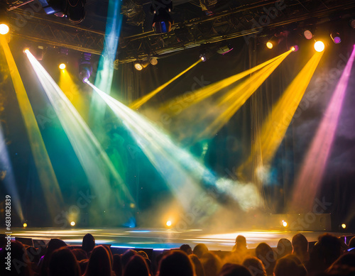 Stage light with colored spotlights and smoke. Concert and theatre dark scene