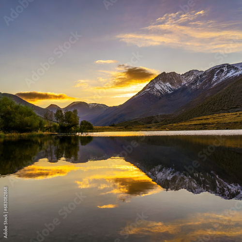 sunset in the mountains at a calm lake that creates a perfect reflection on waves  stunning place  destination