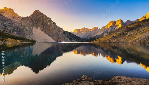 sunset in the mountains at a calm lake that creates a perfect reflection  beautiful scenery of rocky mountain