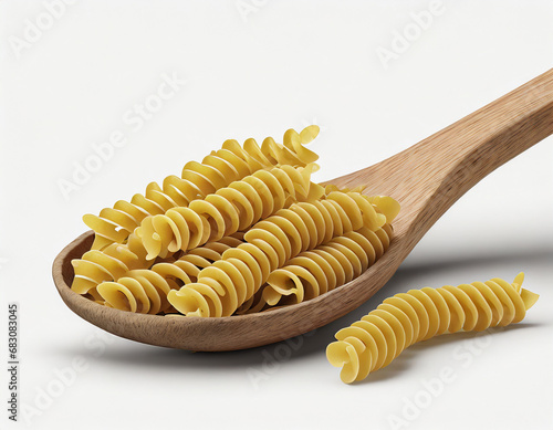 Uncooked fusilli pasta with wooden spoon isolated on white background