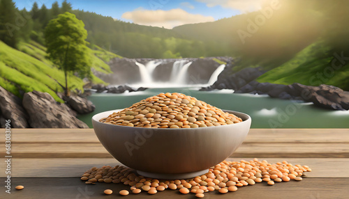 Uncooked lentil legumes in bowl on wooden table. and mrs corrib river falls photo