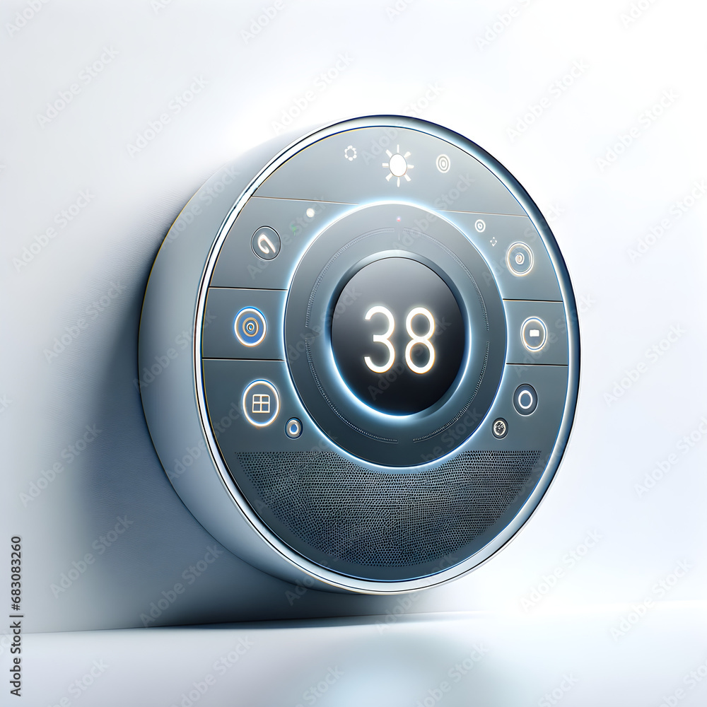 Energy-efficient Smart Home Technology Concept - Sleek Wall-Mounted Thermostat with Digital Display Showing 38 Degrees, Touch-Sensitive Controls, and Modern Icon Indicators; Concept of Climate Control Energy-efficient Smart Home Technology Concept - Sleek Wall-Mounted Thermostat with Digital Display Showing 38 Degrees, Touch-Sensitive Controls, and Modern Icon Indicators; Concept of Climate Control