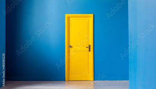 yellow door on a blue background abstract interior.