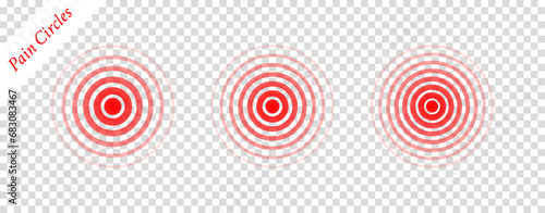 Pain circle wave. Target icon. Red effect pulse isolated on white background. Signal radar. Pattern sonar. Vibration line design. Radial rays. Round ripple logo. Sonic waves. Vector illustration